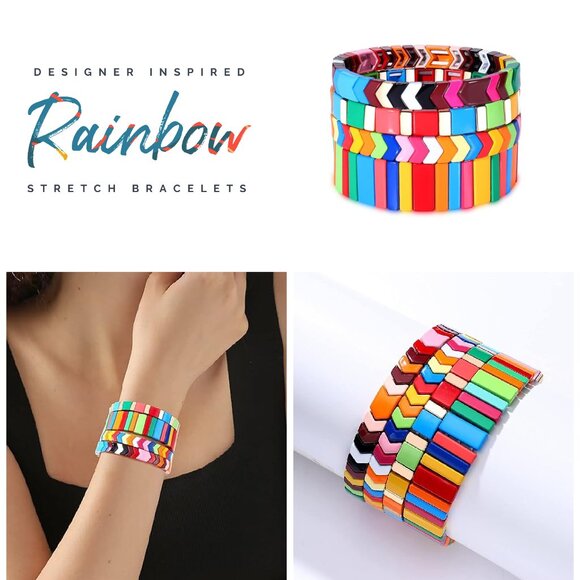 4PC SET Tile Bracelets Enamel Rainbow Bead Bracelets Colorblock Stack Stretch - Picture 1 of 7